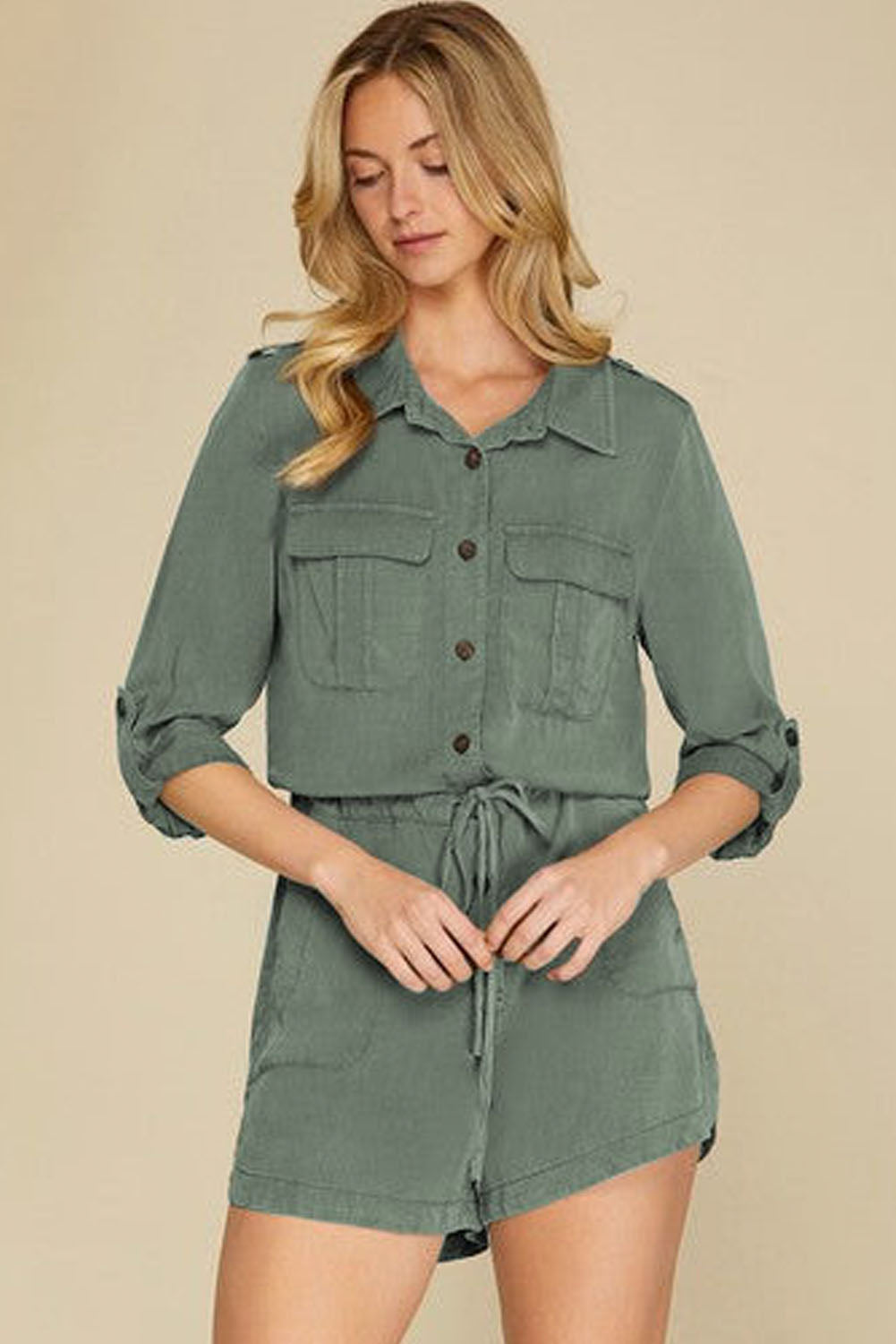 Reese Roll Up Sleeve Flap Pockets Drawstring Romper - Melissa