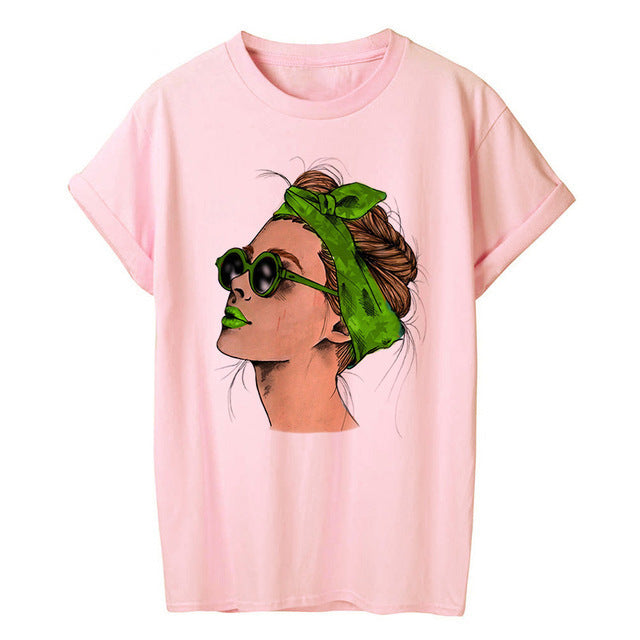 Woman Head Print Short Sleeve Round Neck Short Sleeve T-shirt - Melissa