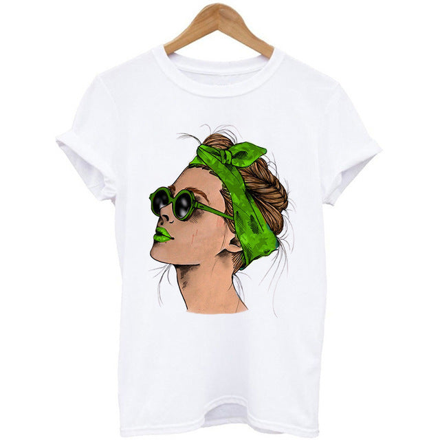 Woman Head Print Short Sleeve Round Neck Short Sleeve T-shirt - Melissa