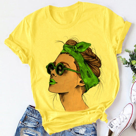 Woman Head Print Short Sleeve Round Neck Short Sleeve T-shirt - Melissa