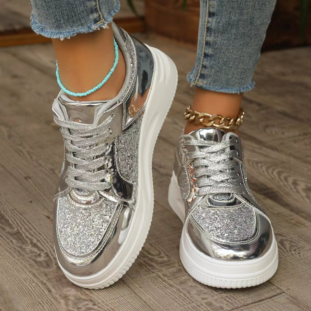 Fashion Lace-up Flat Shoes With Sequin Design Casual Sports Thick Bottom Round Toe Shoes For Women Non-slip Walking Sneakers - Melissa