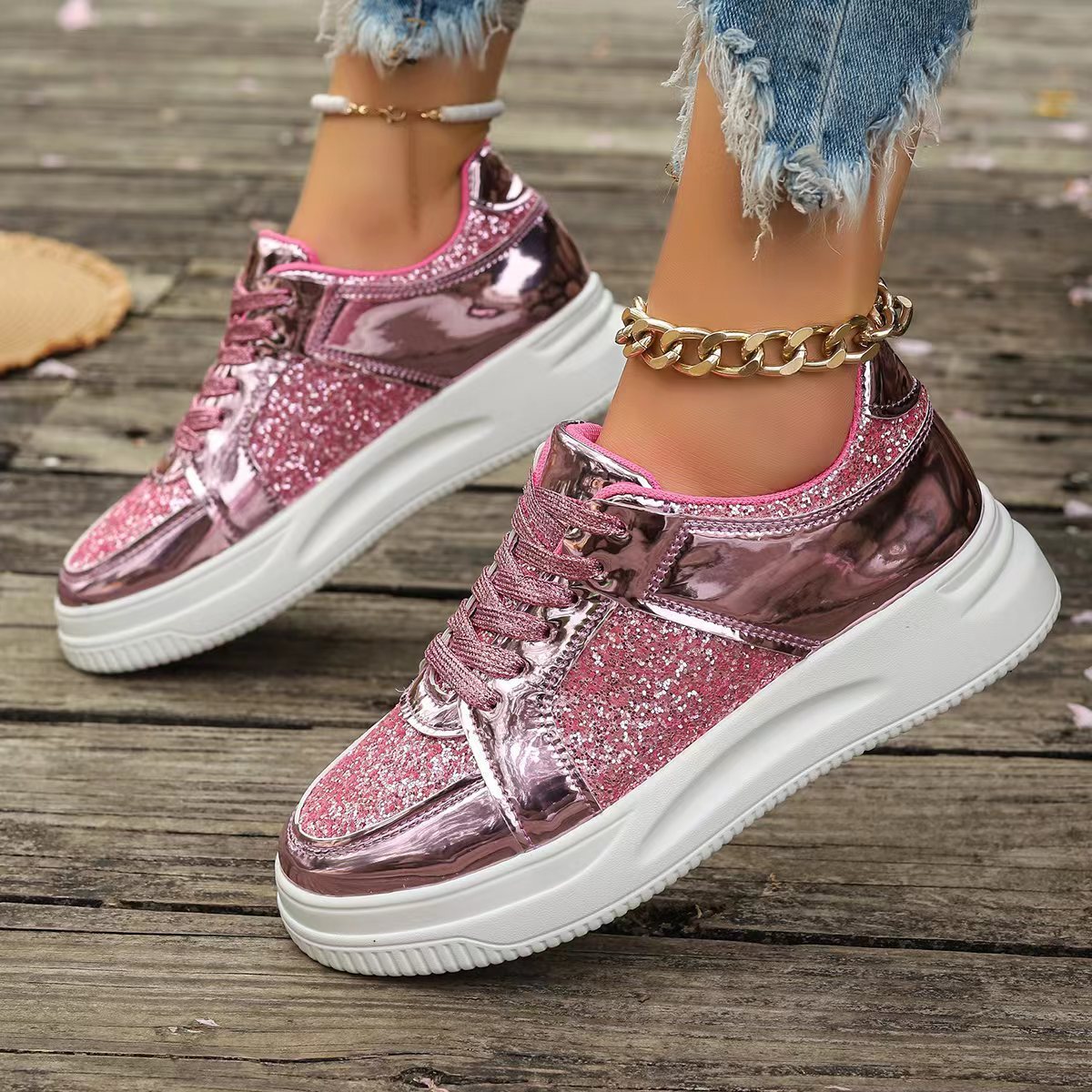 Fashion Lace-up Flat Shoes With Sequin Design Casual Sports Thick Bottom Round Toe Shoes For Women Non-slip Walking Sneakers - Melissa