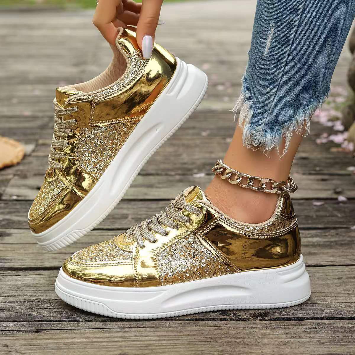 Fashion Lace-up Flat Shoes With Sequin Design Casual Sports Thick Bottom Round Toe Shoes For Women Non-slip Walking Sneakers - Melissa