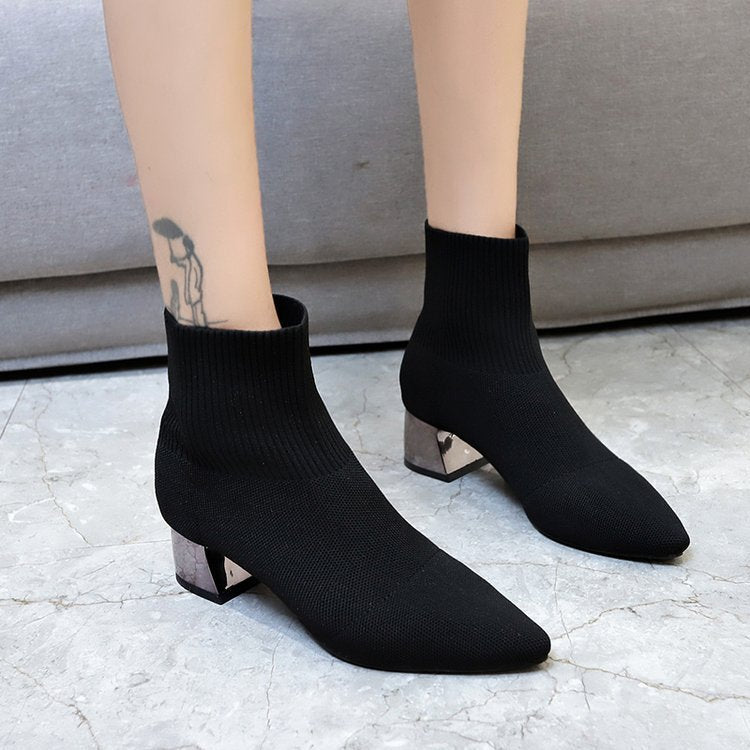 Autumn New Mid-tube Chunky Heel Women's Woolen Boots