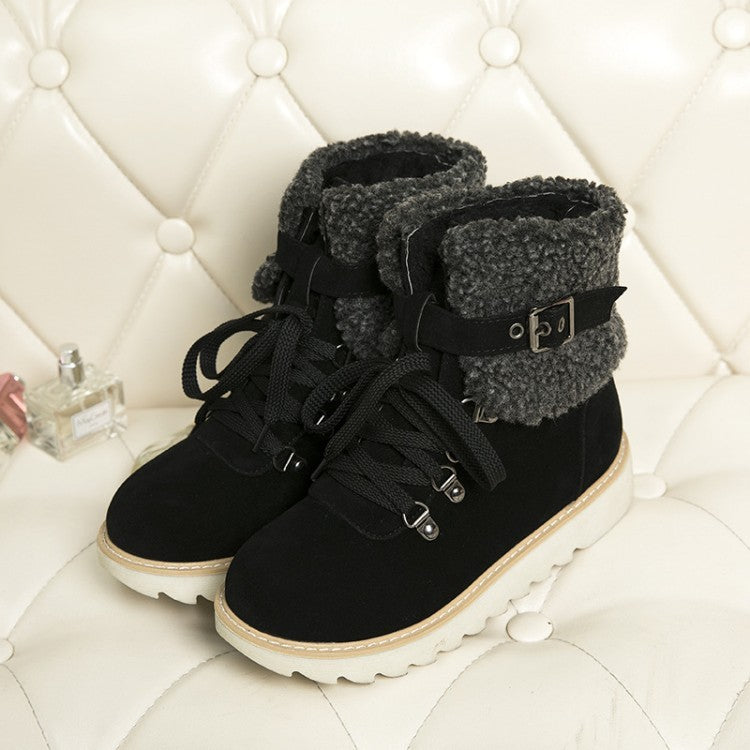 Women's Flanged Lace Belt Buckle Side Zipper Warm Snow Boots - Melissa