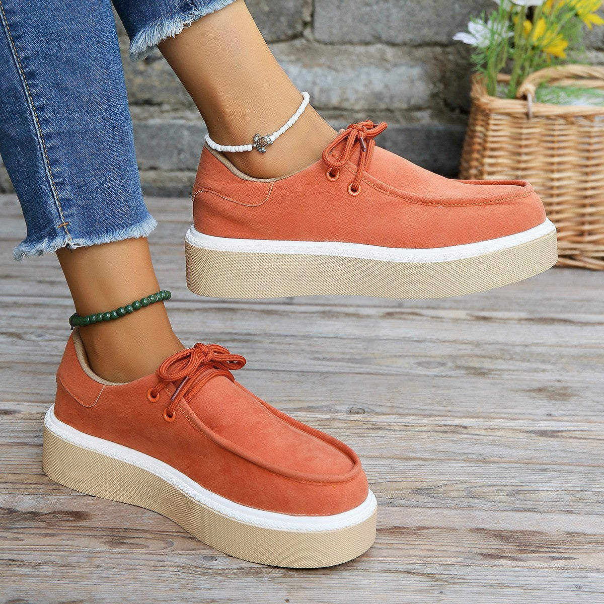 New Thick Bottom Lace-up Flats Women Solid Color Casual Fashion Lightweight Walking Sports Shoes - Melissa