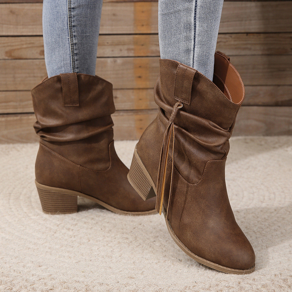 Retro Tassel Boots Winter Thick Square Heel Mid-calf Knight Western Boots Woman Fashion Shoes - Melissa