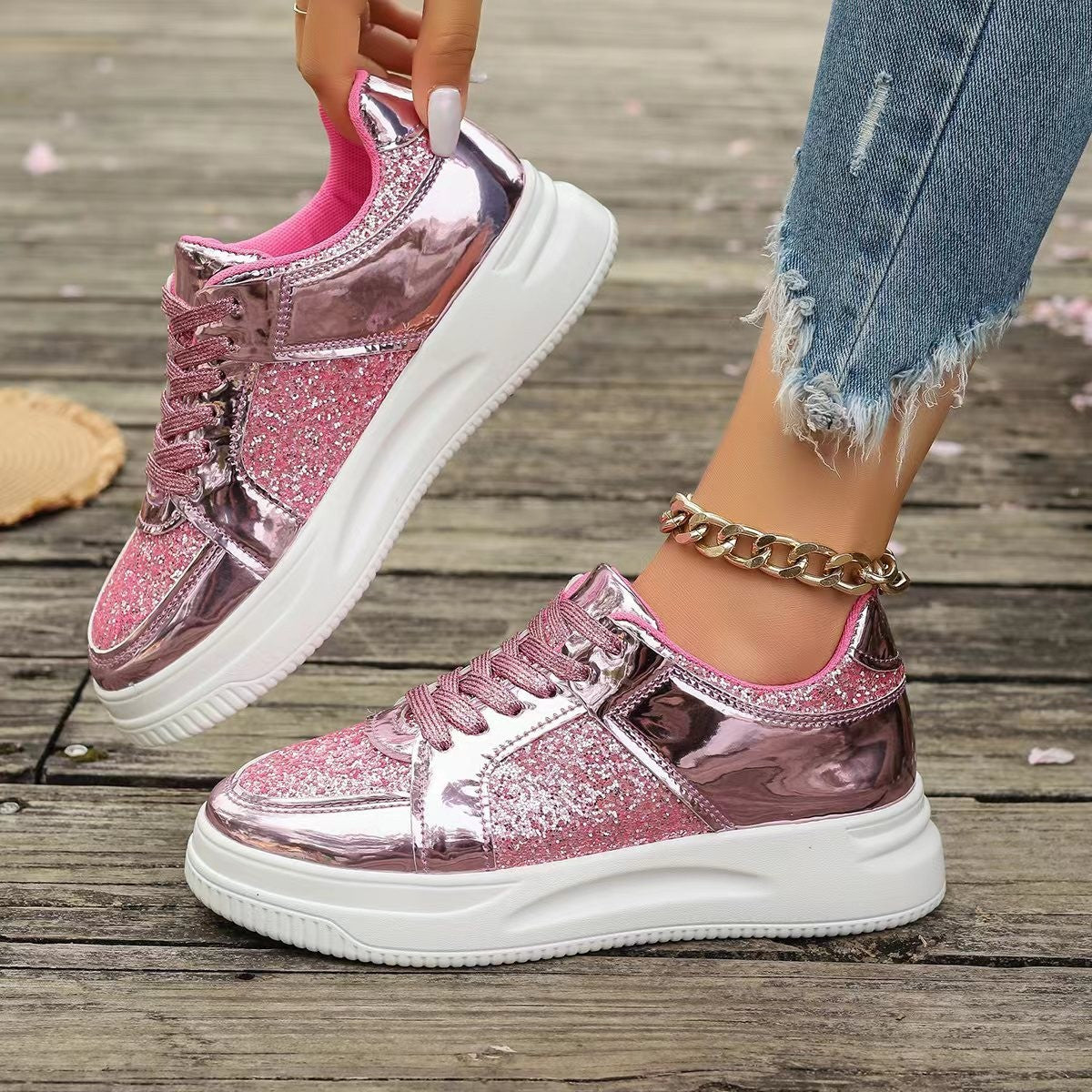 Fashion Lace-up Flat Shoes With Sequin Design Casual Sports Thick Bottom Round Toe Shoes For Women Non-slip Walking Sneakers - Melissa