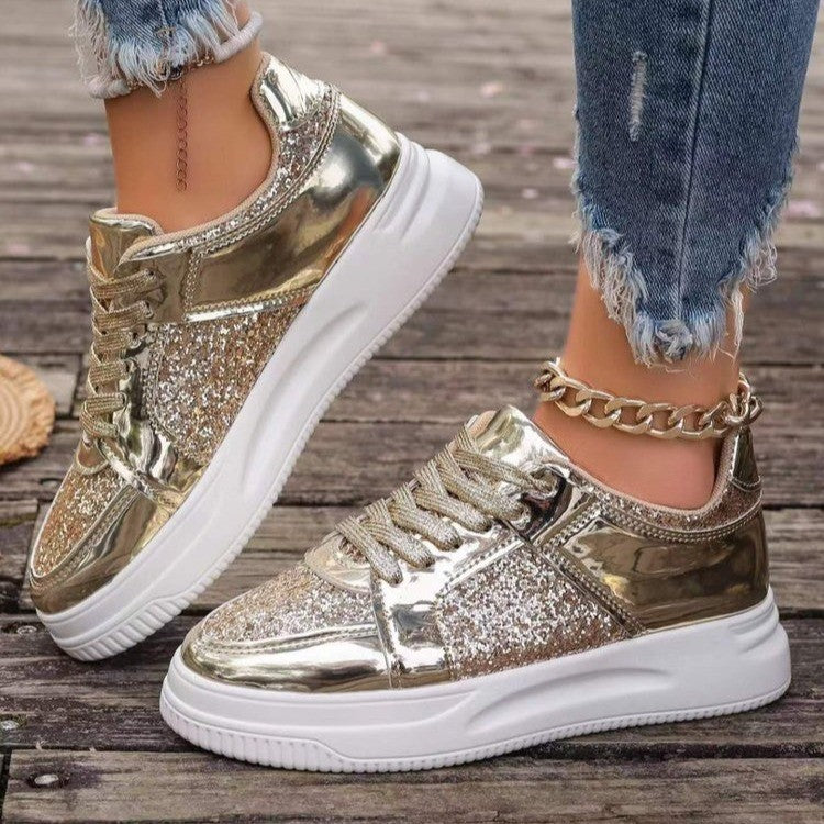 Fashion Lace-up Flat Shoes With Sequin Design Casual Sports Thick Bottom Round Toe Shoes For Women Non-slip Walking Sneakers - Melissa