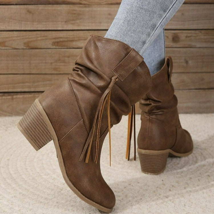 Retro Tassel Boots Winter Thick Square Heel Mid-calf Knight Western Boots Woman Fashion Shoes - Melissa