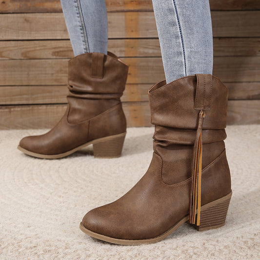 Retro Tassel Boots Winter Thick Square Heel Mid-calf Knight Western Boots Woman Fashion Shoes - Melissa