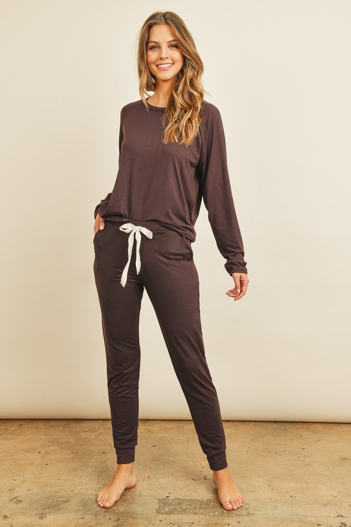 Solid Brushed Top and Jogger Set With Self Tie - Melissa