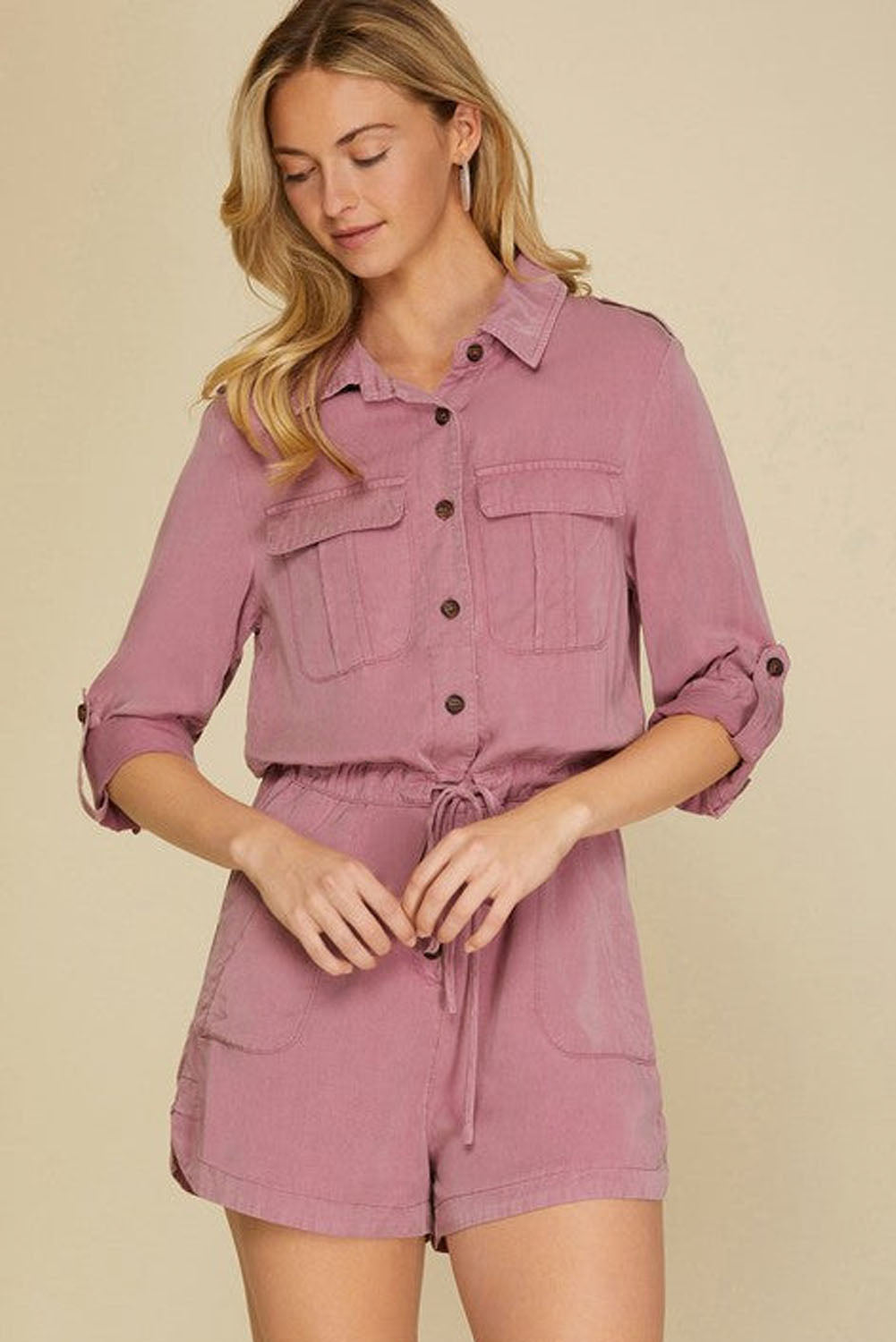 Reese Roll Up Sleeve Flap Pockets Drawstring Romper - Melissa