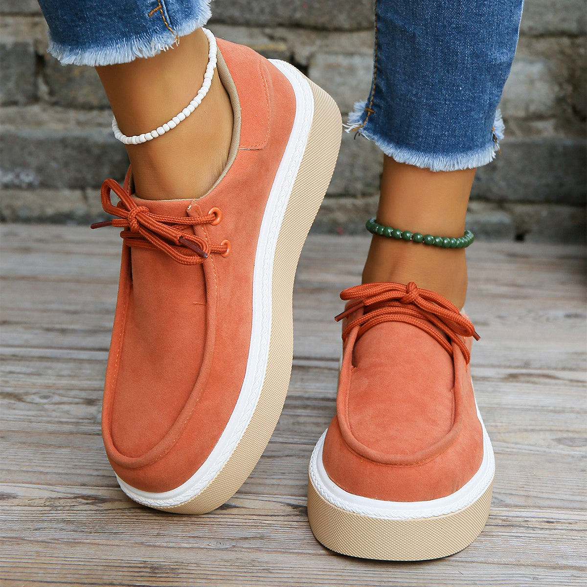 New Thick Bottom Lace-up Flats Women Solid Color Casual Fashion Lightweight Walking Sports Shoes - Melissa