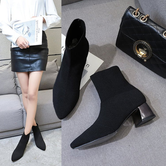 Autumn New Mid-tube Chunky Heel Women's Woolen Boots