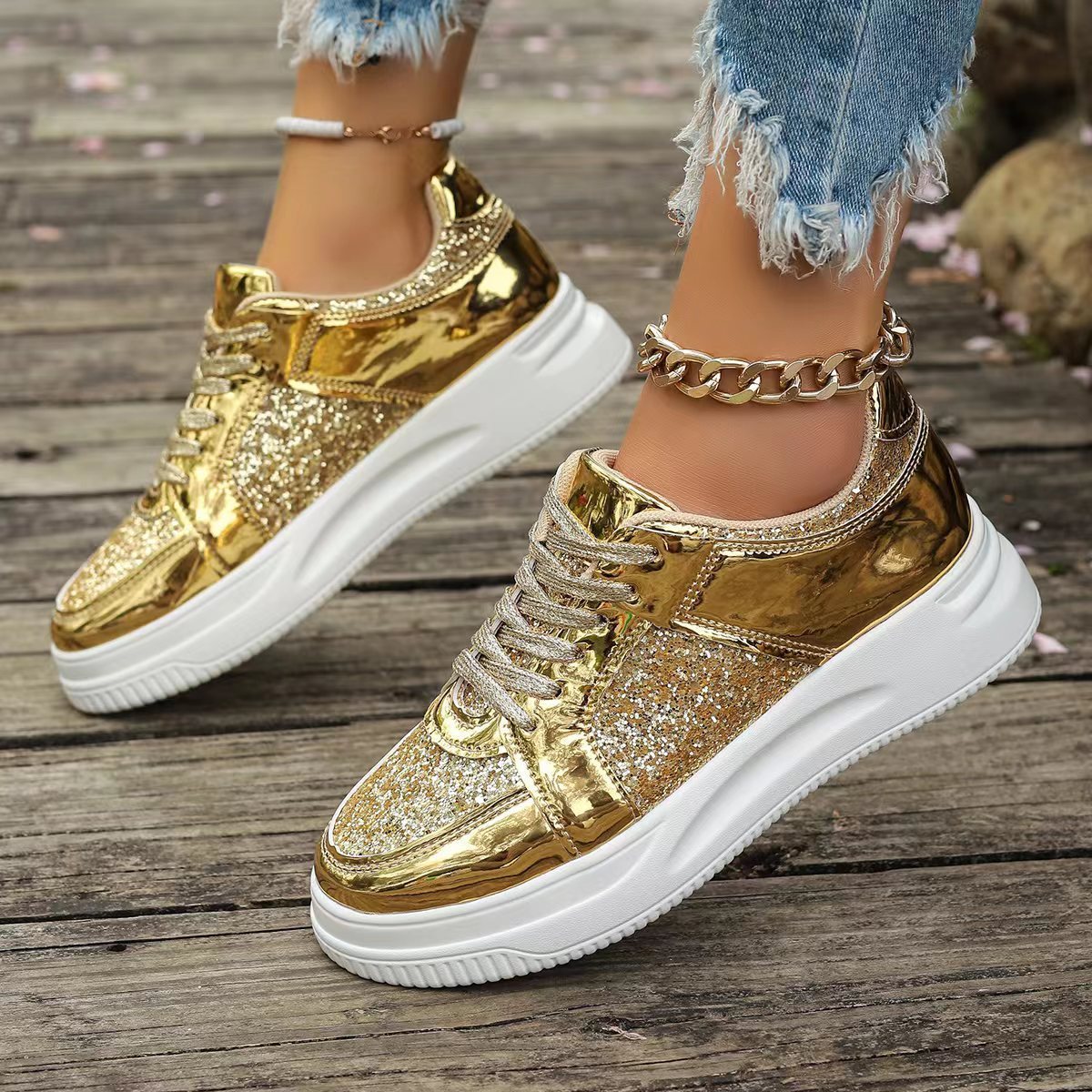 Fashion Lace-up Flat Shoes With Sequin Design Casual Sports Thick Bottom Round Toe Shoes For Women Non-slip Walking Sneakers - Melissa