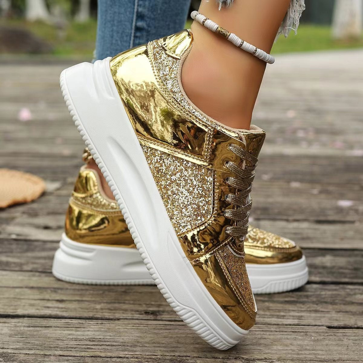 Fashion Lace-up Flat Shoes With Sequin Design Casual Sports Thick Bottom Round Toe Shoes For Women Non-slip Walking Sneakers - Melissa