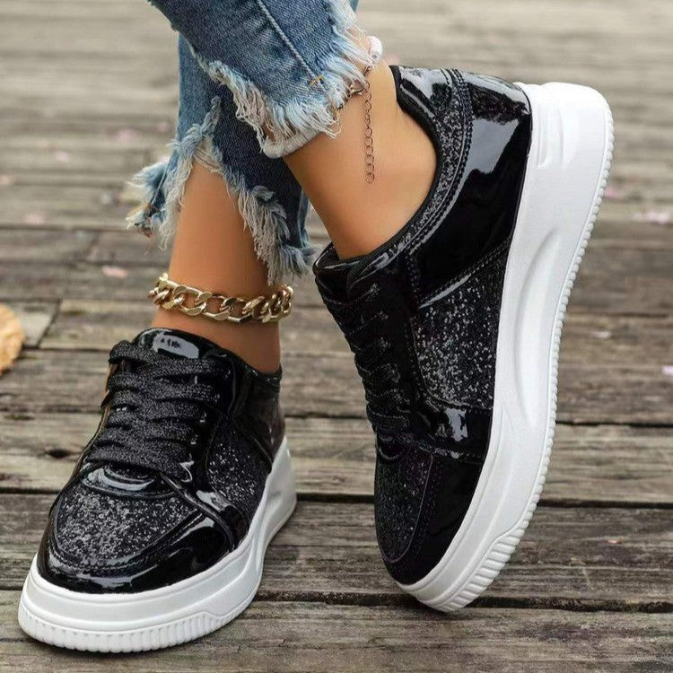 Fashion Lace-up Flat Shoes With Sequin Design Casual Sports Thick Bottom Round Toe Shoes For Women Non-slip Walking Sneakers - Melissa