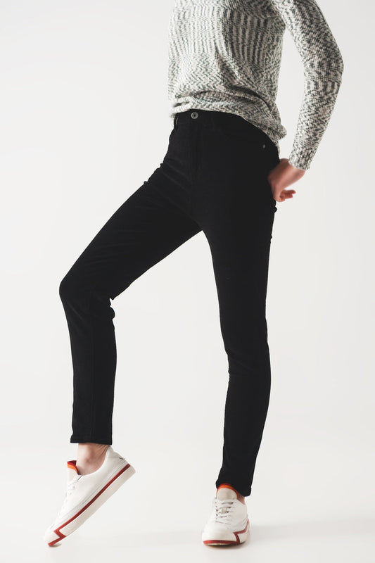 Elastic Cotton Skinny Cord Pants in Black - Melissa