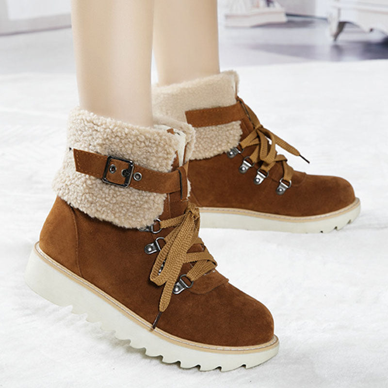 Women's Flanged Lace Belt Buckle Side Zipper Warm Snow Boots - Melissa